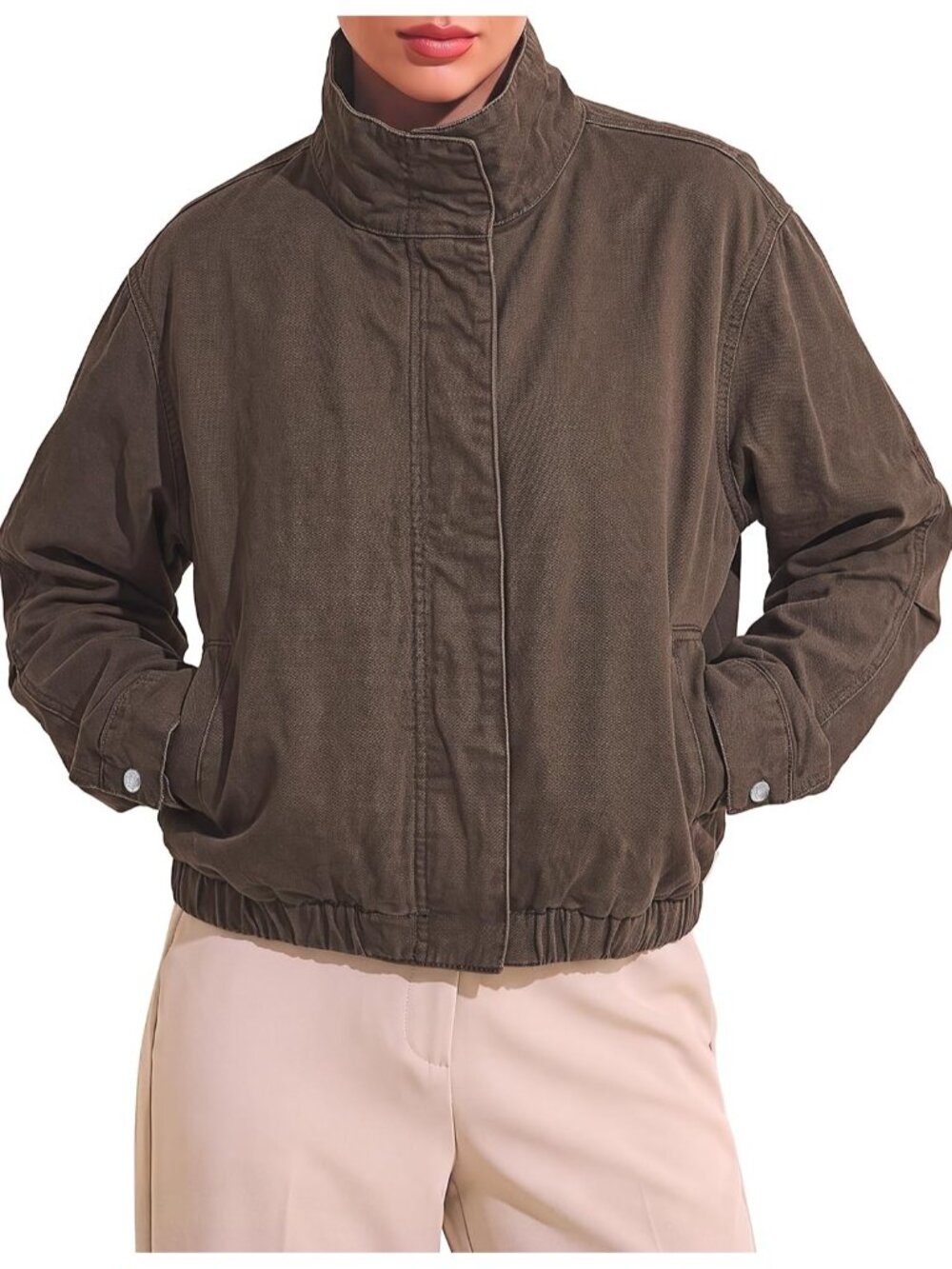 Women Chocolate Brown Denim Band Collar Funnel Neck Drop Shoulder Jacket